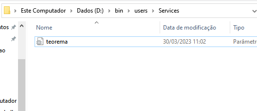 Windows Explorer mostrando o caminho Este Computador > Dados (D:) > bin > users > Services com o arquivo teorema (Parâmetros) listado