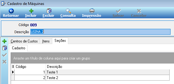 Cadastro de Máquinas — código 009, descrição USINA 2 — aba Seções aberta com registros: 1 Teste 1, 2 Teste 2
