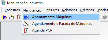 Menu Manutenção com opções Apontamento Máquinas, Agendamento e Parada de Máquinas e Agenda PCP