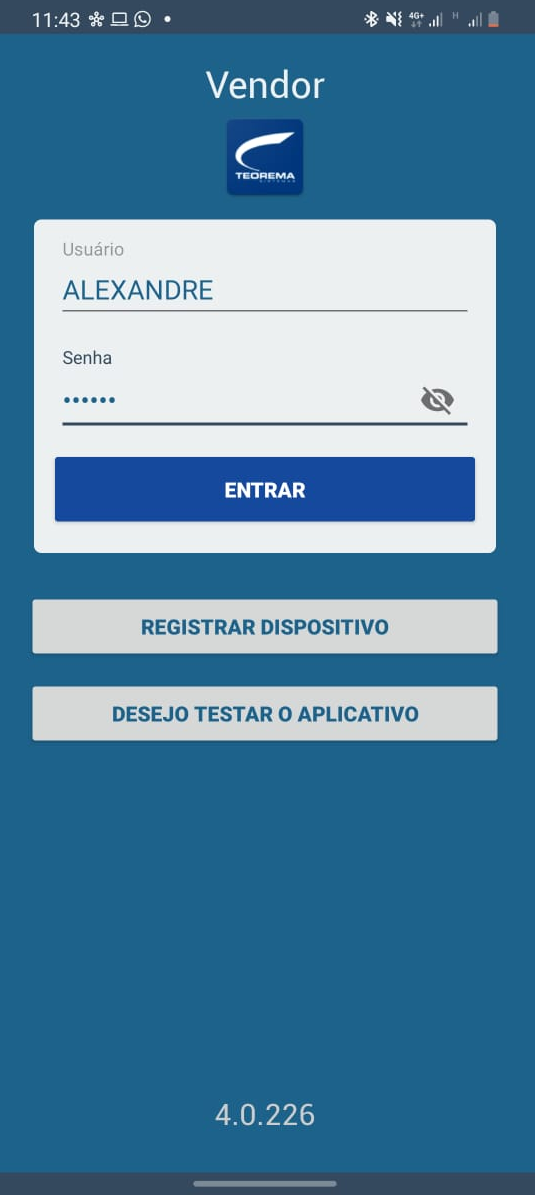 Tela de login do aplicativo Vendor com campos Usuário e Senha preenchidos e botões Entrar, Registrar Dispositivo e Desejo Testar o Aplicativo