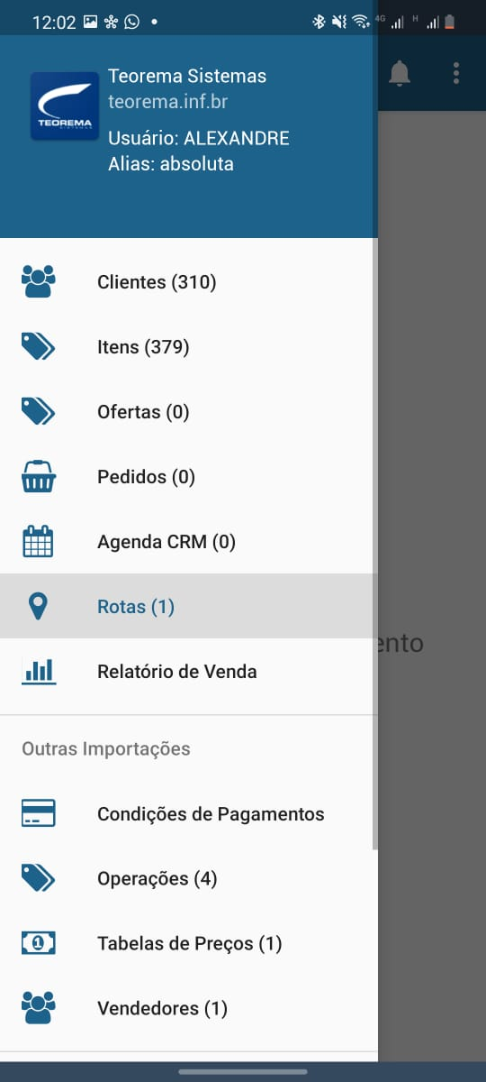 Menu lateral do aplicativo Vendor com opção Rotas (1) destacada entre as opções Clientes, Itens, Ofertas, Pedidos, Agenda CRM, Rotas e Relatório de Venda