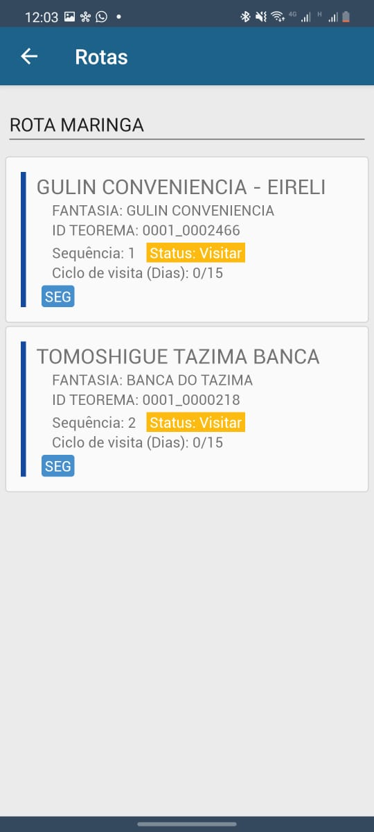 Tela Rotas no aplicativo Vendor exibindo "ROTA MARINGA" com dois clientes listados: GULIN CONVENIENCIA - EIRELI (Sequência 1, Ciclo de visita 0/15, status Visitar, SEG) e TOMOSHIGUE TAZIMA BANCA (Sequência 2, Ciclo de visita 0/15, status Visitar, SEG)