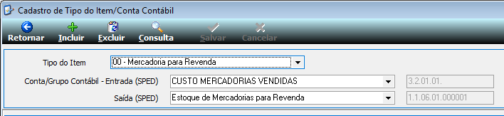 Tela Cadastro de Tipo do Item/Conta Contábil com tipo 00 - Mercadoria para Revenda e campos Conta/Grupo Contábil Entrada e Saída (SPED) preenchidos