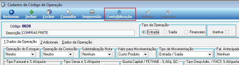 Tela Cadastro de Código de Operação com código 0028 COMPRAS FRETE, Tipo da Operação Entrada e botão Contabilização em destaque