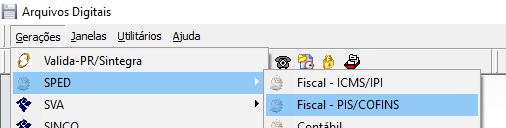 Módulo Arquivos Digitais, menu Gerações > SPED > Fiscal - PIS/COFINS selecionado