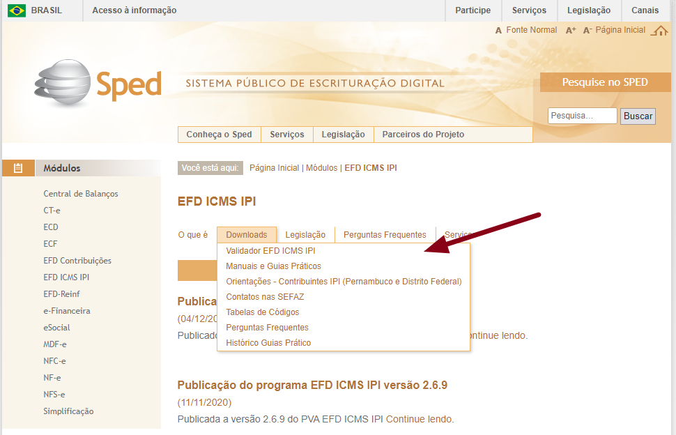 Página do portal SPED da Receita Federal mostrando o módulo "EFD ICMS IPI" com abas "O que é", "Downloads" (expandida exibindo opções: "Validador EFD ICMS IPI", "Manuais e Guias Práticos", "Orientações - Contribuintes IPI", "Tabela de Códigos", "Perguntas Frequentes", "Histórico-Guias Prático"), "Legislação" e "Perguntas Frequentes"; e notícia de publicação do programa EFD ICMS IPI versão 2.6.9