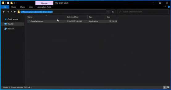 Windows Explorer com caminho C:\Teorema\Servidores\Old Orion Client mostrando o arquivo OrionServer.exe (76,186 KB)