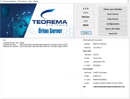 Tela inicial do Teorema Sistemas – Orion Server versão 1.1.4 com status OnLine, porta 9010 e botões: Mover para Bandeja, Start Server, Stop Server, Configurações, Banco de Dados, Teste DB. Painel direito exibe informações do computador (Desktop, Placa Mãe, Processador e campo KEY)