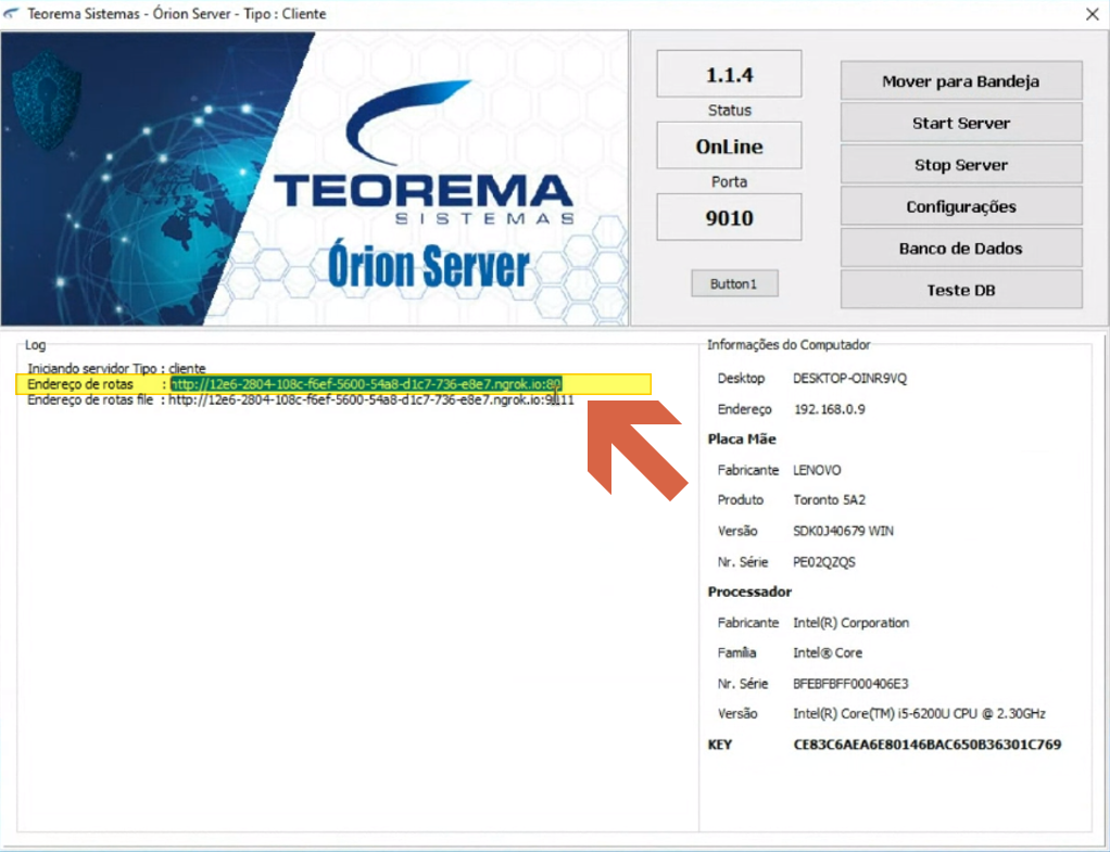 Tela do Orion Server versão 1.1.4 em modo de teste, com informações de computador parcialmente visíveis e campo KEY exibido
