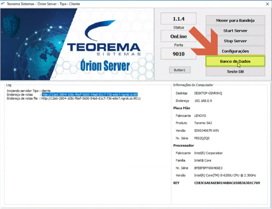 Tela do Orion Server com botão "Banco de Dados" destacado no painel de botões à direita