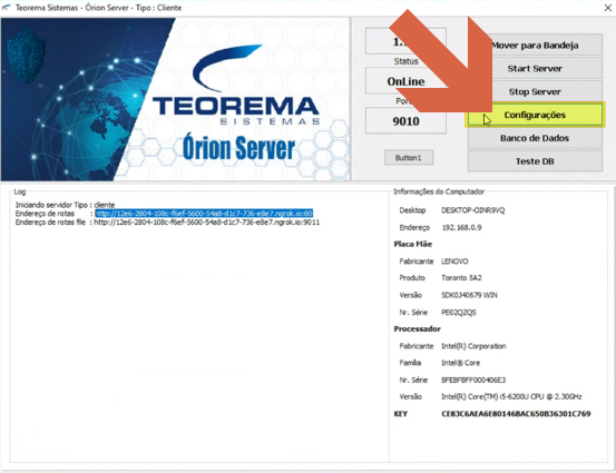 Tela do Orion Server com botão "Configurações" destacado no painel de botões