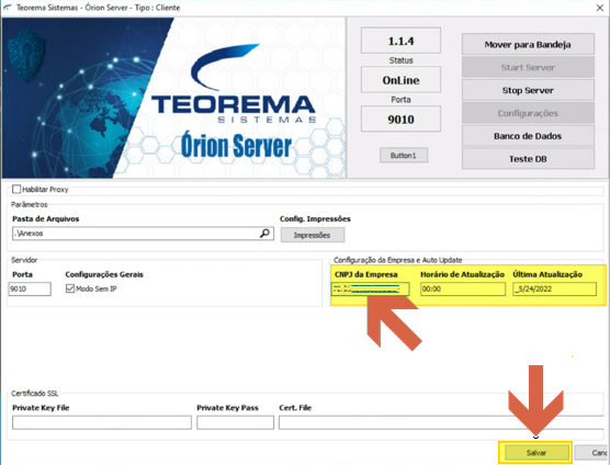 Tela de configurações do Orion Server com seções: Parâmetros (Pasta de Arquivos, Config. Impressões), Servidor (Porta 9010, Modo Sem IP), Certificado SSL (Private Key File, Private Key Pass, Cert. File) e Configuração da Empresa e Auto Update (CNPJ da Empresa destacado, Horário de Atualização 00:00, Última Atualização 5/24/2022). Botão Salvar destacado