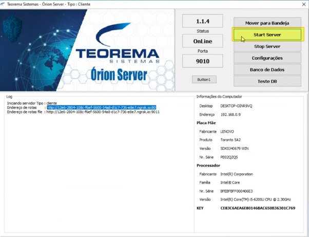 Tela do Orion Server com botão "Start Server" destacado