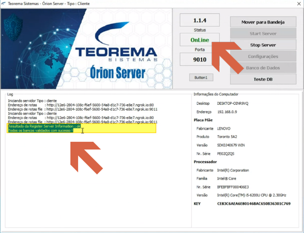 Tela do Orion Server com status "OnLine", porta 9010, e log exibindo mensagem "Resultado do Register Server Information: ok / Todos os bancos validados com sucesso"