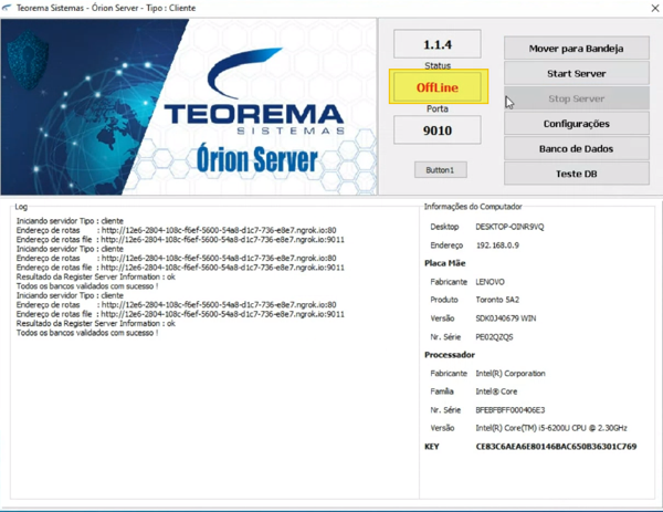 Tela do Orion Server com status "Offline" em destaque