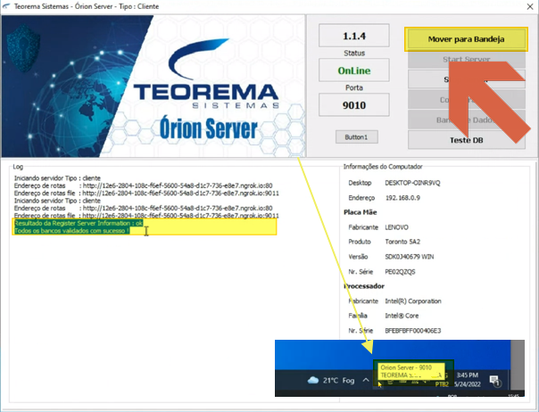 Tela do Orion Server com botão "Mover para Bandeja" destacado e status OnLine