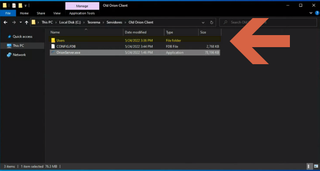 Windows Explorer mostrando a pasta C:\Teorema\Servidores\Old Orion Client com as entradas: pasta Users, arquivo CONFIG.FDB (2.768 KB) e OrionServer.exe (78.196 KB)