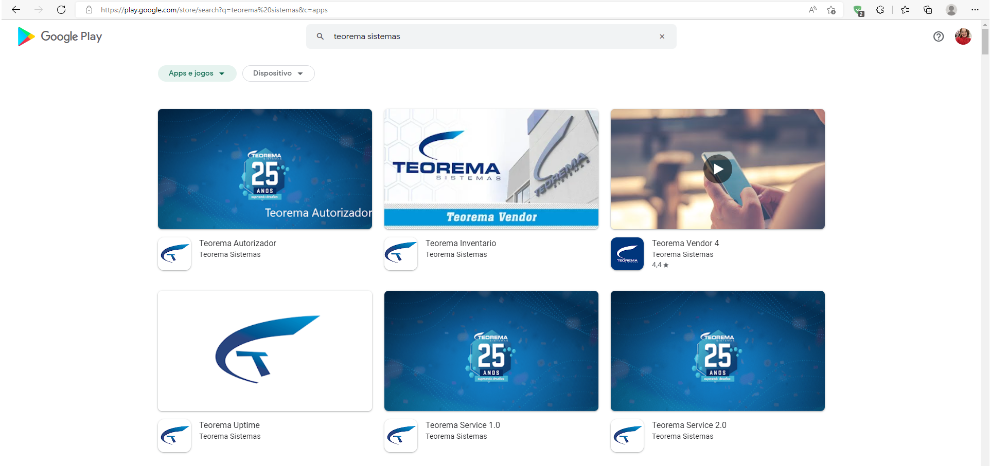 Página do Google Play com busca "teorema sistemas" exibindo os aplicativos: Teorema Autorizador, Teorema Vendor, Teorema Vendor 4, Teorema Inventario, Teorema Uptime, Teorema Service 1.0 e Teorema Service 2.0