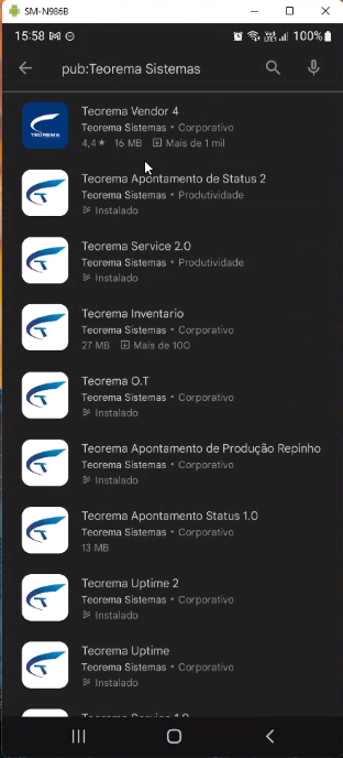 Tela do Google Play no dispositivo móvel mostrando a lista de apps da editora "pub:Teorema Sistemas", incluindo: Teorema Vendor 4, Teorema Apontamento de Status 2, Teorema Service 2.0, Teorema Inventario, Teorema O.T, Teorema Apontamento de Produção Repinho (marcado como Instalado), Teorema Apontamento Status 1.0, Teorema Uptime 2 e Teorema Uptime