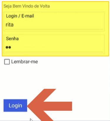 Tela de login do app com campo "Login / E-mail" preenchido com "rita" e campo "Senha" mascarado, checkbox "Lembrar-me" e botão Login
