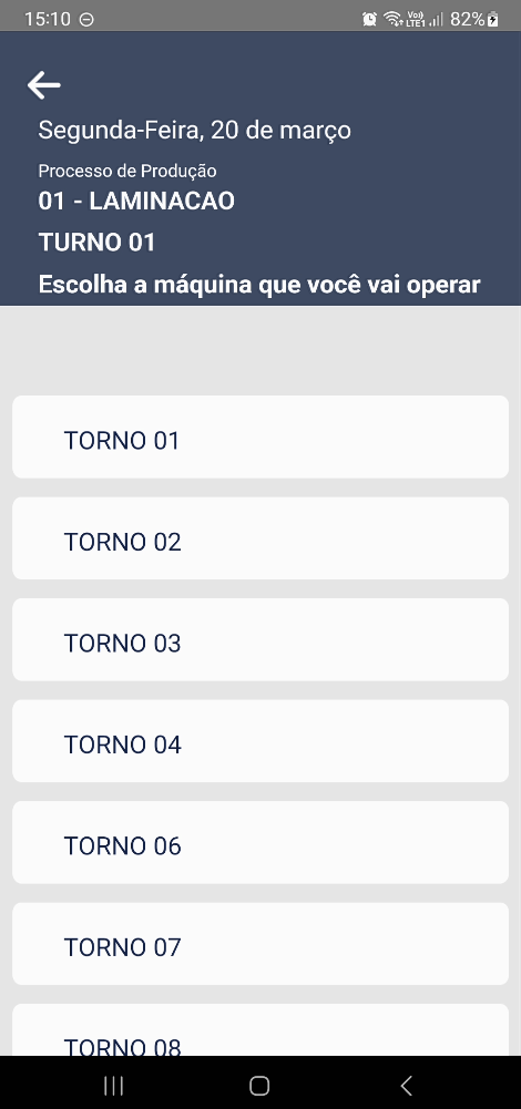 Tela "Escolha a máquina que você vai operar" para o processo 01 – LAMINACAO, TURNO 01, listando: TORNO 01, TORNO 02, TORNO 03, TORNO 04, TORNO 06, TORNO 07, TORNO 08