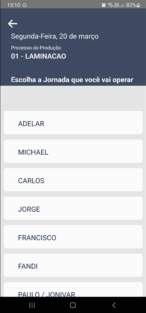 Tela "Escolha a Jornada que você vai operar" para o processo 01 – LAMINACAO listando os operadores: ADELAR, MICHAEL, CARLOS, JORGE, FRANCISCO, FANDI, PAULO / JONIVAR