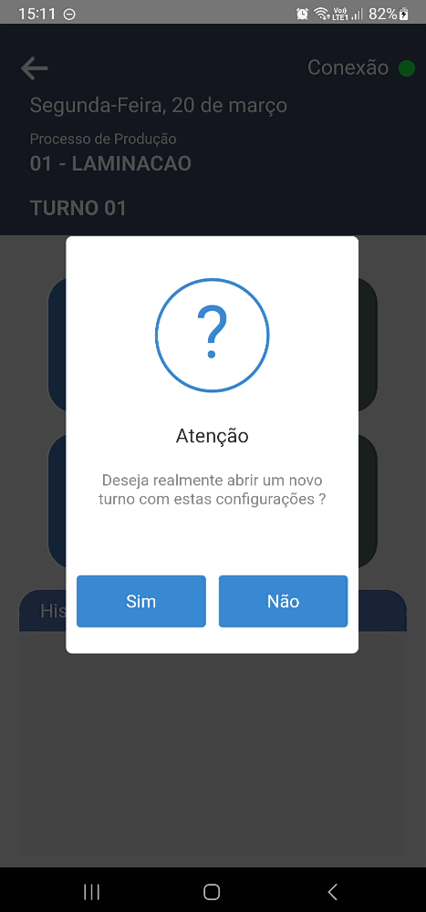 Diálogo de confirmação com mensagem "Deseja realmente abrir um novo turno com estas configurações?" e botões Sim e Não