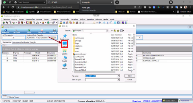 Caixa de diálogo "Save As" aberta sobre o módulo Gestão Doc-e, com o ícone Desktop da Cloud selecionado na barra lateral; campo "File name" exibe o nome sugerido pelo sistema