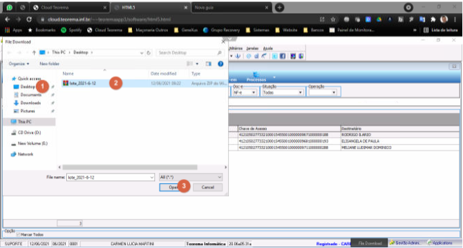 Caixa de diálogo "File Download" mostrando Desktop da Cloud com o arquivo "lote_2021-6-12" listado; campo "File name" preenchido e botão "Open" destacado com marcador 3