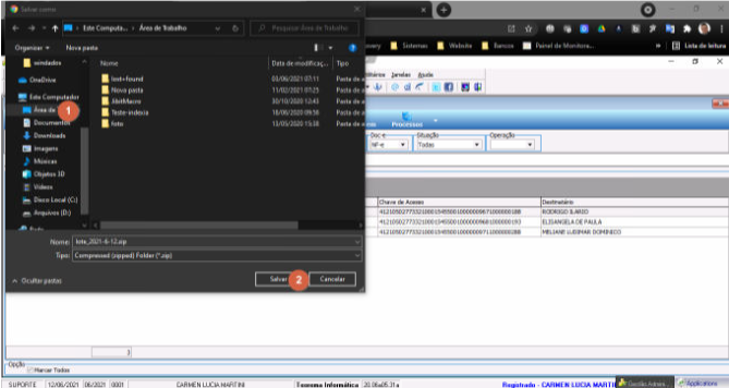 Caixa de diálogo "Salvar como" do Windows Explorer apontando para "Área de Trabalho"; campo de nome exibe "lote_2021-6-12.zip"; tipo "Compressed (zipped) Folder (*.zip)"; botão "Salvar" destacado com marcador 2