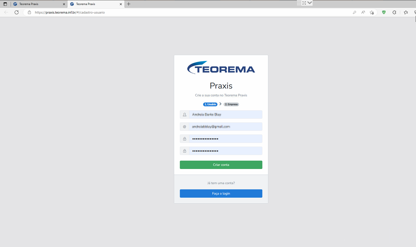 Tela de cadastro de usuário do Teorema Praxis, com a etapa "1. Usuário" ativa e os campos Nome, E-mail, Senha e Confirmação de senha, o botão "Criar conta" e a opção "Faça o login".