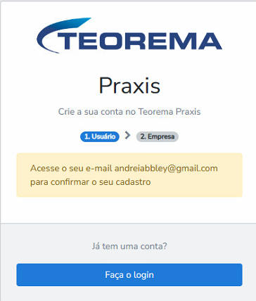 Tela do Teorema Praxis exibindo a mensagem "Acesse o seu e-mail para confirmar o seu cadastro".