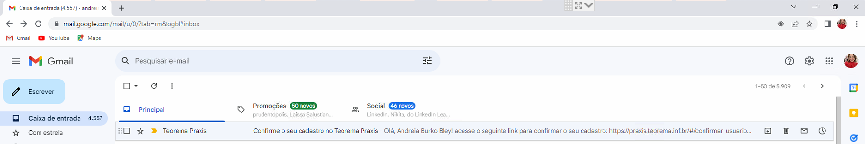 Caixa de entrada do Gmail com a mensagem "Confirme o seu cadastro no Teorema Praxis" enviada por Teorema Praxis.