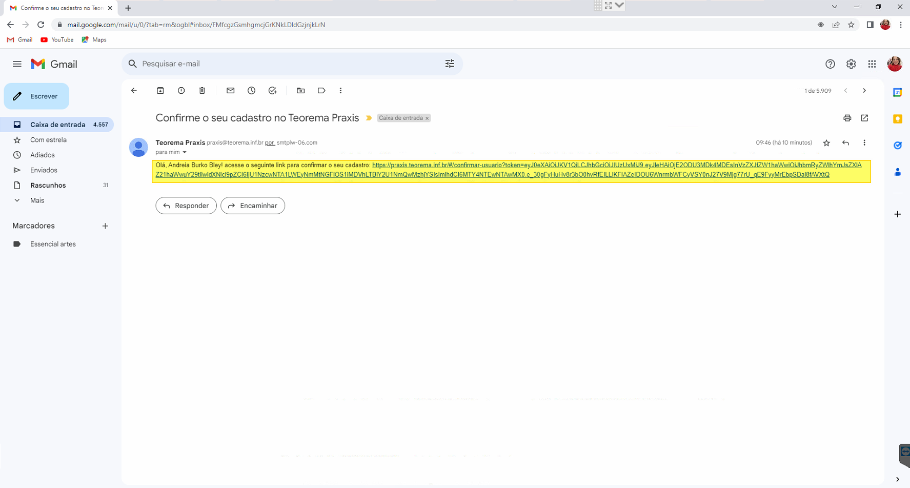 Mensagem aberta no Gmail "Confirme o seu cadastro no Teorema Praxis", com o link para confirmar o cadastro destacado.