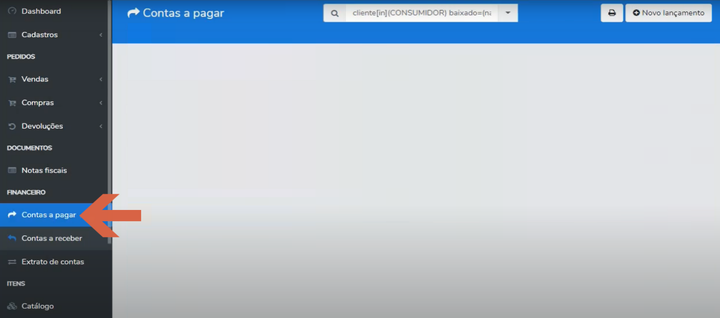 Tela de Contas a pagar com o item "Contas a pagar" destacado no menu lateral e a área de listagem.
