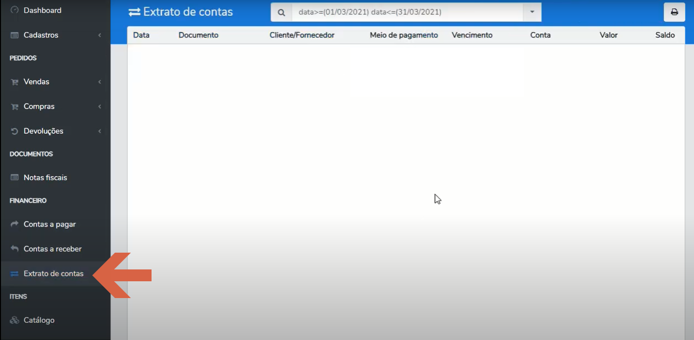 Tela de Extrato de contas com o item "Extrato de contas" destacado no menu lateral e as colunas Data, Documento, Cliente/Fornecedor, Meio de pagamento, Vencimento, Conta, Valor e Saldo.