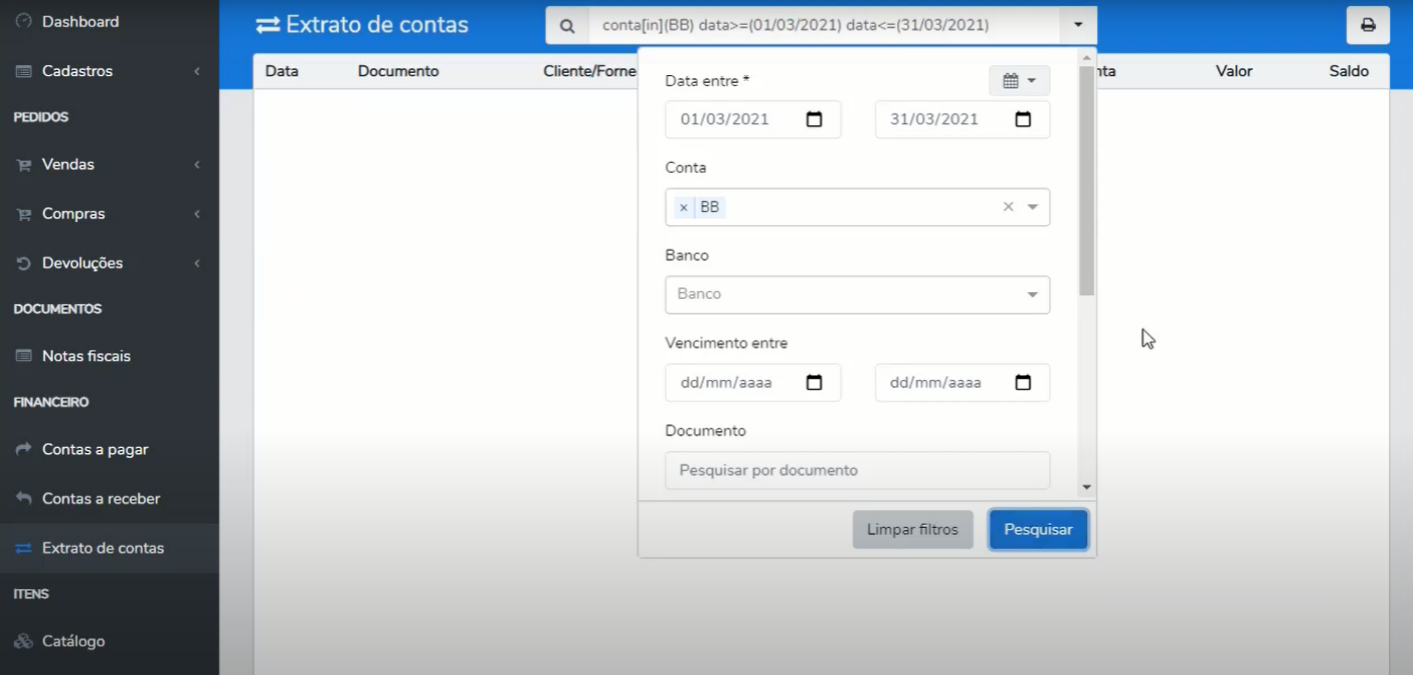 Tela de Extrato de contas filtrada por conta (BB), exibindo as movimentações do período e os totais de saldo.