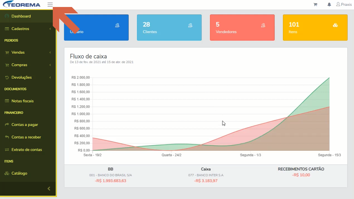Dashboard com o menu lateral destacado e o ícone de três linhas (menu) no topo, usado para ocultar ou exibir o menu.