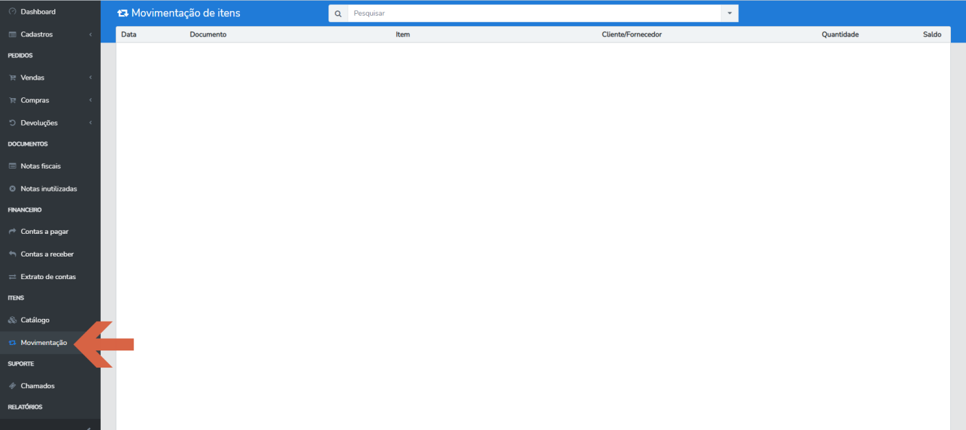 Tela de Movimentação de itens com o item "Movimentação" destacado no menu lateral e as colunas Data, Documento, Item, Cliente/Fornecedor, Quantidade e Saldo.