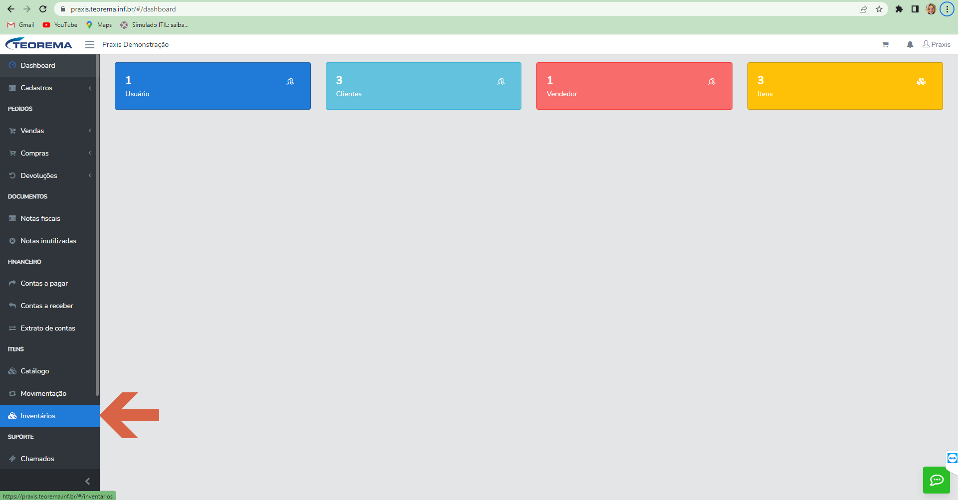 Dashboard com o item "Inventários" destacado no menu lateral.