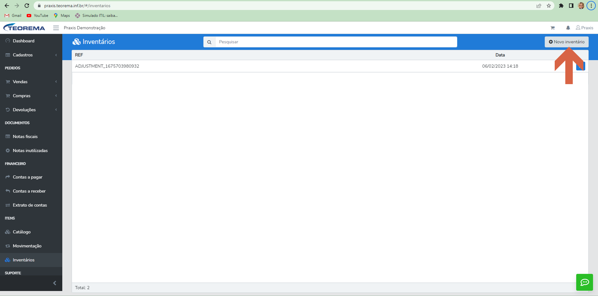 Tela de Inventários com a listagem de inventários (colunas REF e Data) e o botão "Novo inventário" destacado.
