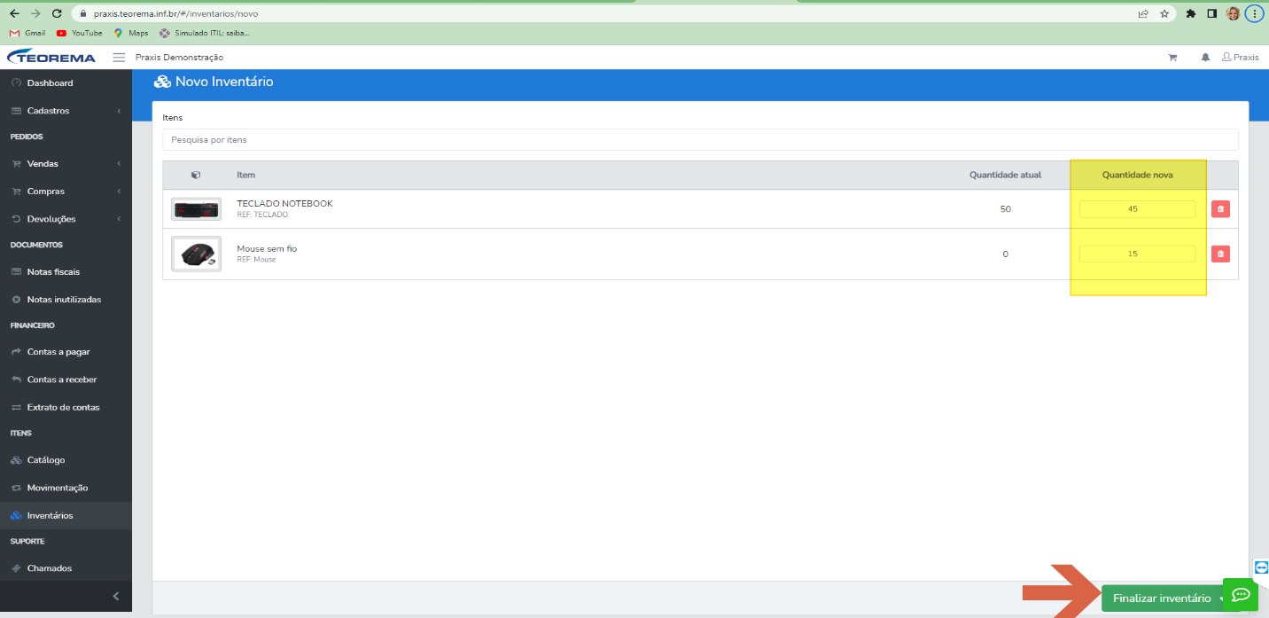 Tela "Novo Inventário" com os itens selecionados (TECLADO NOTEBOOK e Mouse sem fio), as colunas "Quantidade atual" e "Quantidade nova" (com os campos preenchidos e destacados) e o botão "Finalizar inventário" destacado.