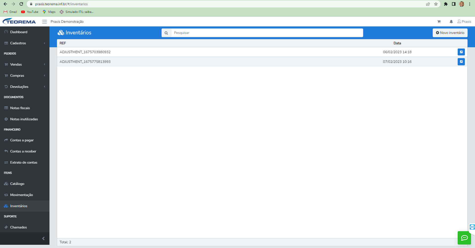 Tela de Inventários com a listagem de inventários realizados (colunas REF e Data) totalizando 2 registros.