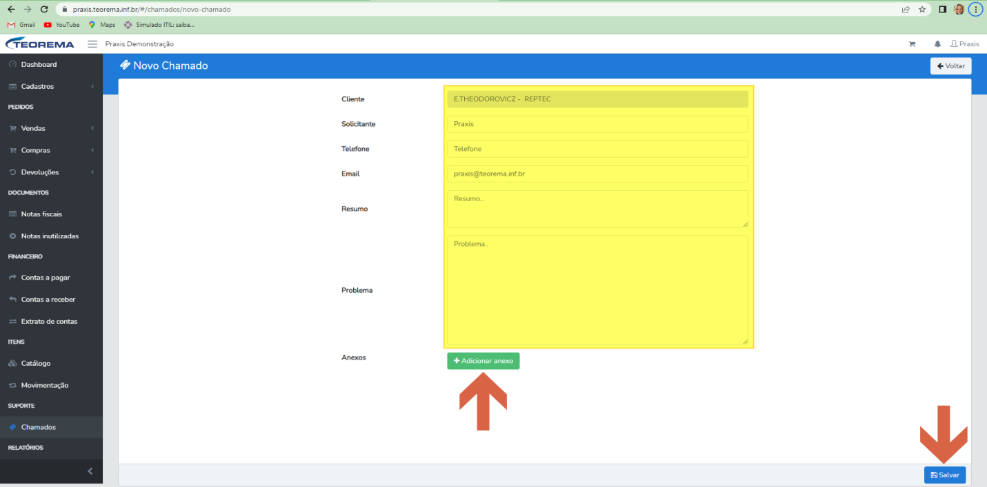 Tela "Novo Chamado" com os campos Cliente, Solicitante, Telefone, Email, Resumo e Problema, o botão "Adicionar anexo" destacado e o botão "Salvar" destacado.