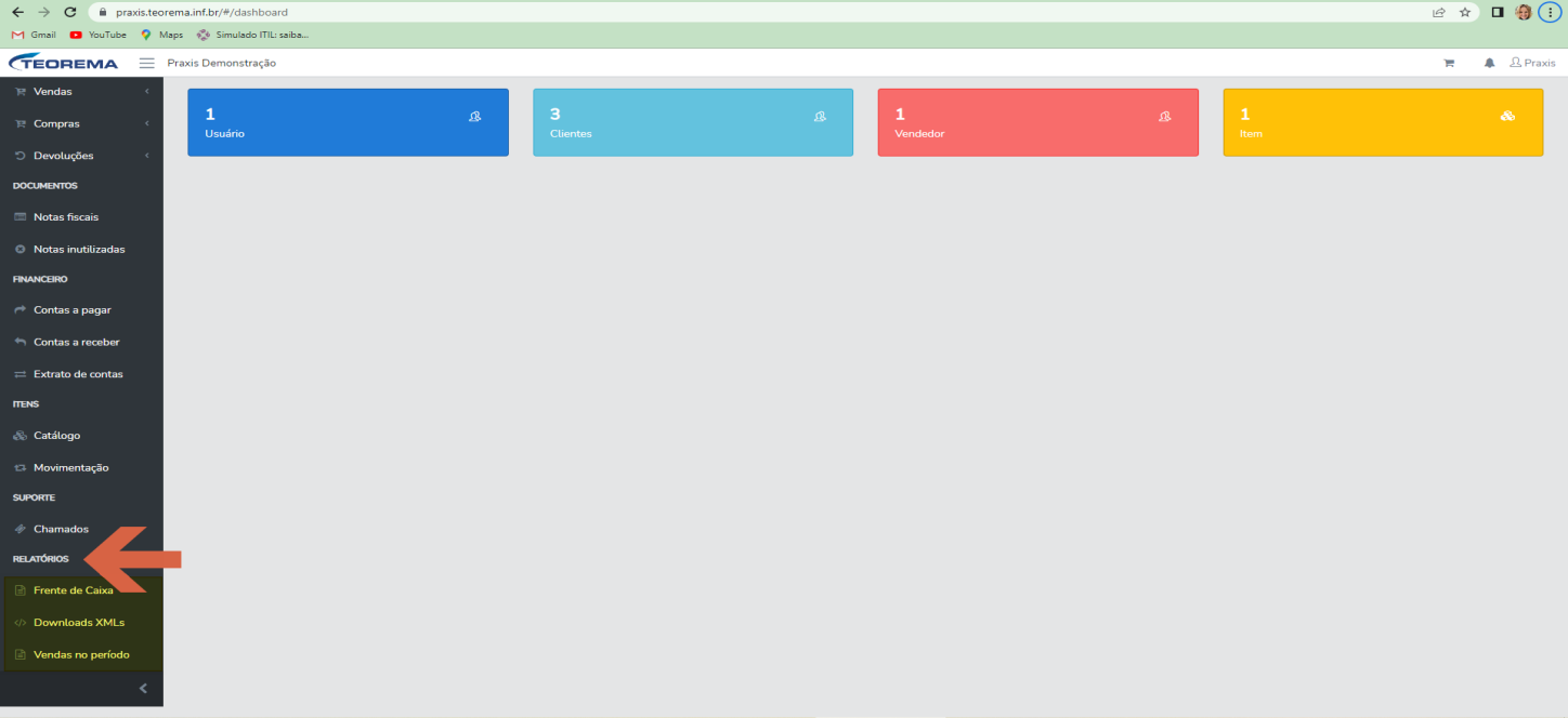Dashboard com o grupo "Relatórios" do menu lateral destacado, contendo as opções "Frente de Caixa", "Downloads XMLs" e "Vendas no período".