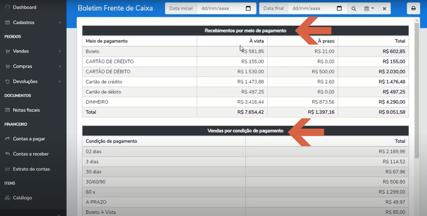 Tela "Boletim Frente de Caixa" com as seções "Recebimentos por meio de pagamento" (colunas Meio de pagamento, À vista, À prazo e Total) e "Vendas por condição de pagamento" (colunas Condição de pagamento e Total).