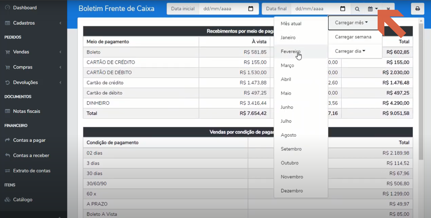 Tela "Boletim Frente de Caixa" com os filtros "Data inicial" e "Data final" e o seletor de mês/ano (Janeiro a Dezembro) aberto para a escolha do período.
