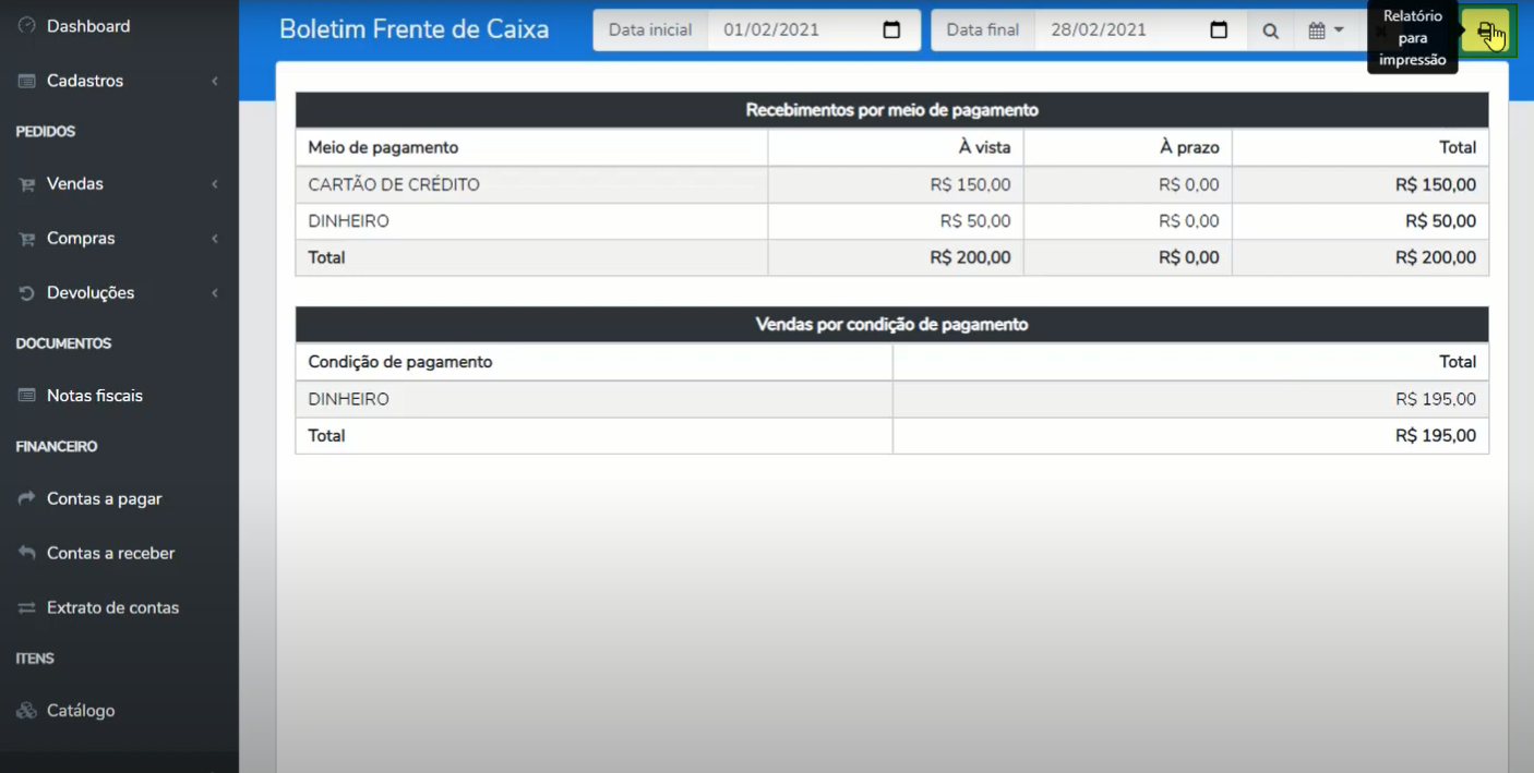 Tela "Boletim Frente de Caixa" filtrada pelo período (01/02/2021 a 28/02/2021), com as seções "Recebimentos por meio de pagamento" e "Vendas por condição de pagamento" e o botão "Relatório para impressão" destacado.
