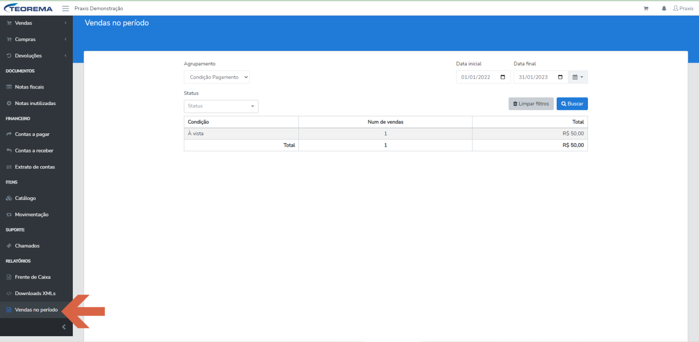 Tela "Vendas no período" com o item "Vendas no período" destacado no menu lateral, os filtros Agrupamento, "Data inicial", "Data final" e Status, os botões "Limpar filtros" e "Buscar" e a tabela de resultados (colunas Condição, "Num de vendas" e Total).