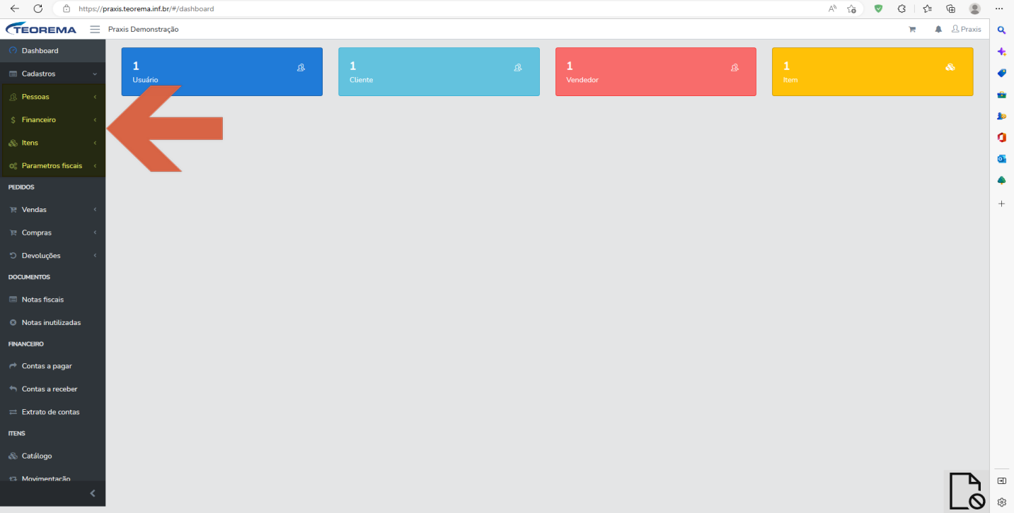 Submenu de Cadastros expandido, com as opções Pessoas, Financeiro, Itens e Parametros fiscais destacadas.